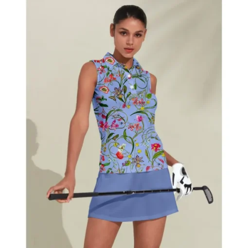 Women's Golf Polo Shirt Blue Sleeveless Top Floral Ladies Golf Attire Clothes Outfits Wear Apparel