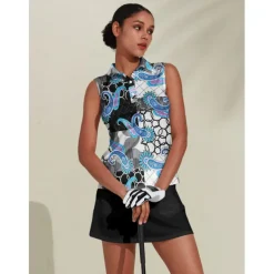Women's Golf Polo Shirt Blue Grey Sleeveless Top Paisley Ladies Golf Attire Clothes Outfits Wear Apparel