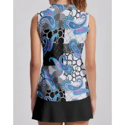 Women's Golf Polo Shirt Blue Grey Sleeveless Top Paisley Ladies Golf Attire Clothes Outfits Wear Apparel