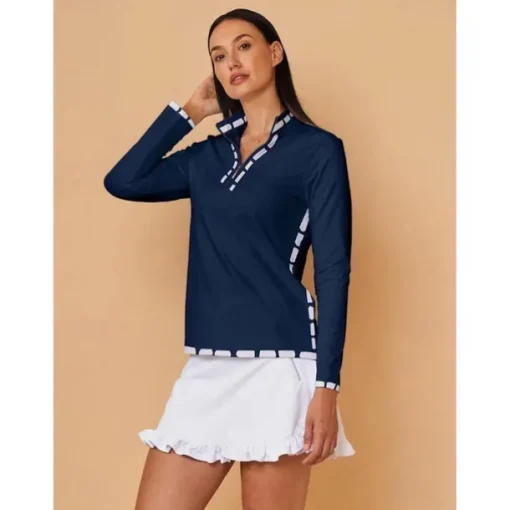 Women's Golf Polo Shirt Dark Blue Long Sleeve Top Ladies Golf Attire Clothes Outfits Wear Apparel