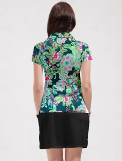 Women's Golf Polo Shirt Floral Green Sun Protection UPF50 Top For Ladies Golf Attire