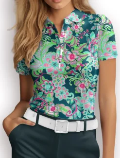 Women's Golf Polo Shirt Floral Green Sun Protection UPF50 Top For Ladies Golf Attire