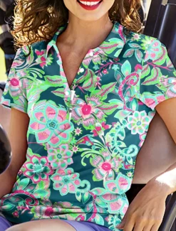 Women's Golf Polo Shirt Floral Green Sun Protection UPF50 Top For Ladies Golf Attire