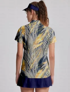 Women's Golf Polo Shirt Navy Blue Short Sleeve Sun Protection Top Leaf Ladies Golf Attire Clothes Outfits Wear Apparel