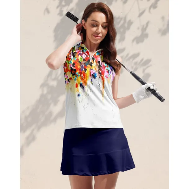 Women's Golf Polo Shirt Orange Sleeveless Top Floral Ladies Golf Attire Clothes Outfits Wear Apparel