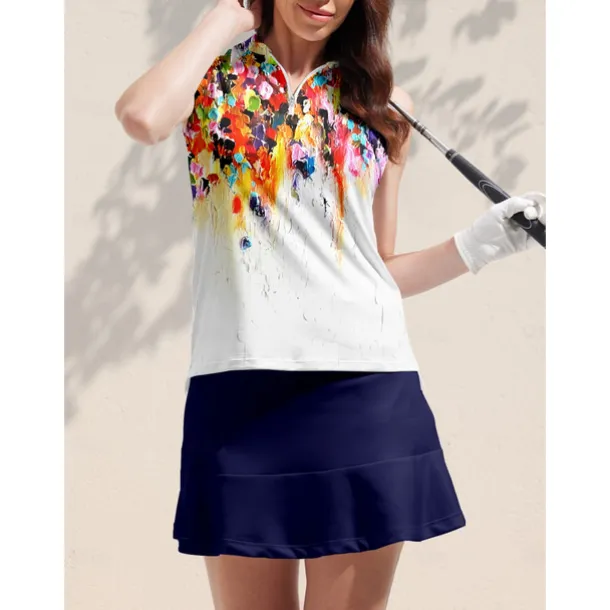 Women's Golf Polo Shirt Orange Sleeveless Top Floral Ladies Golf Attire Clothes Outfits Wear Apparel