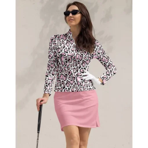 Women's Golf Polo Shirt Pink Blue Mint Green Long Sleeve Top Leopard Ladies Golf Attire Clothes Outfits Wear Apparel