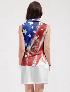 Women's Golf Polo Shirt Red Sleeveless Sun Protection Top Ladies Golf Attire Clothes Outfits Wear Apparel American Flag Golf Shirt