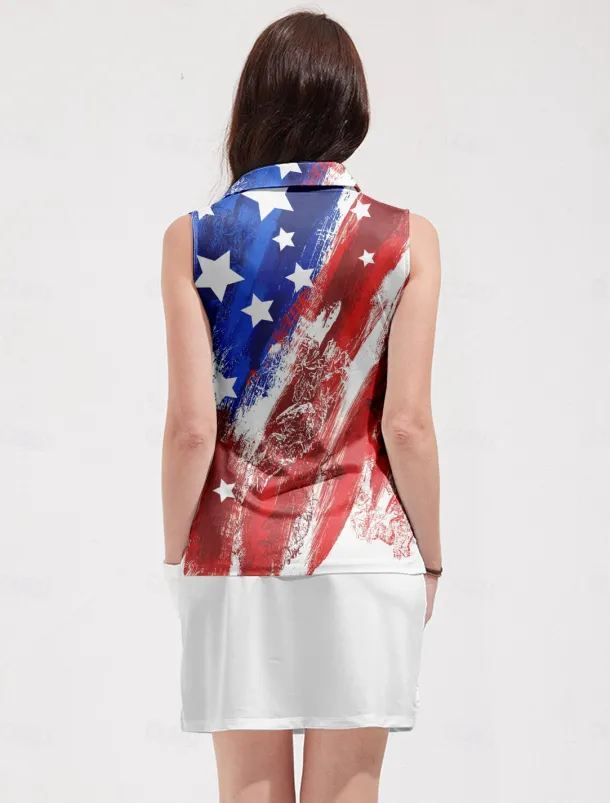 Women's Golf Polo Shirt Red Sleeveless Sun Protection Top Ladies Golf Attire Clothes Outfits Wear Apparel American Flag Golf Shirt