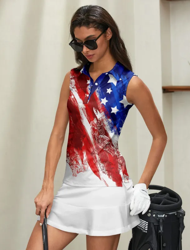 Women's Golf Polo Shirt Red Sleeveless Sun Protection Top Ladies Golf Attire Clothes Outfits Wear Apparel American Flag Golf Shirt