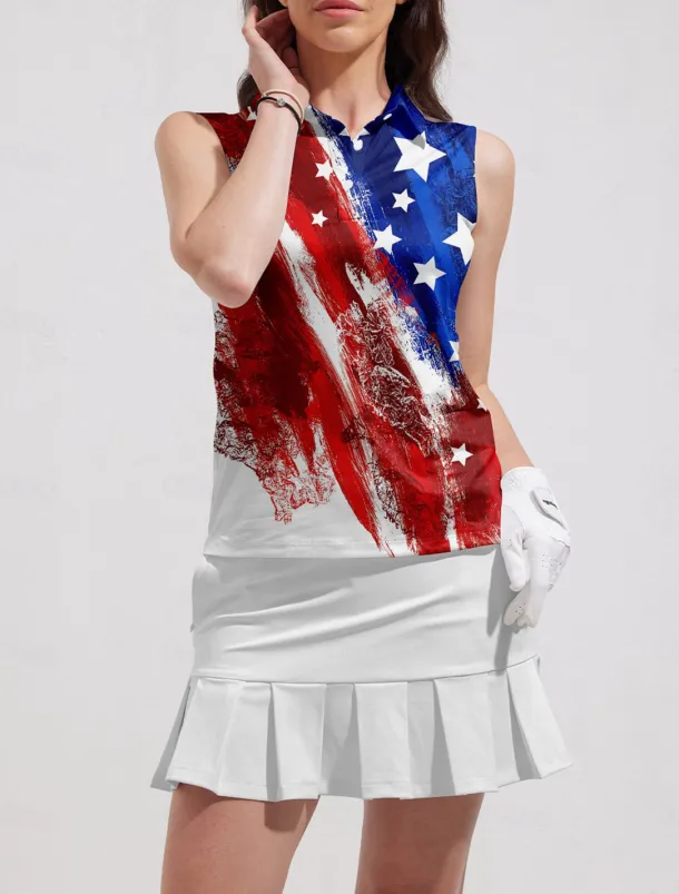 Women's Golf Polo Shirt Red Sleeveless Sun Protection Top Ladies Golf Attire Clothes Outfits Wear Apparel American Flag Golf Shirt
