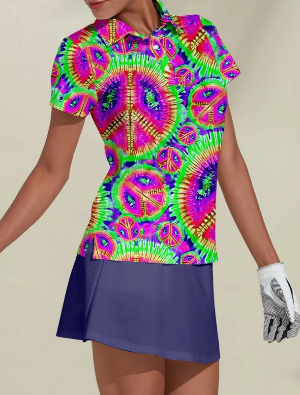 Women's Golf Polo Shirt Tie Dye Pink Short Sleeve Sun Protection UPF50 Top for Ladies Golf Attire