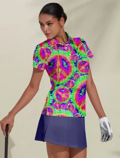 Women's Golf Polo Shirt Tie Dye Pink Short Sleeve Sun Protection UPF50 Top for Ladies Golf Attire