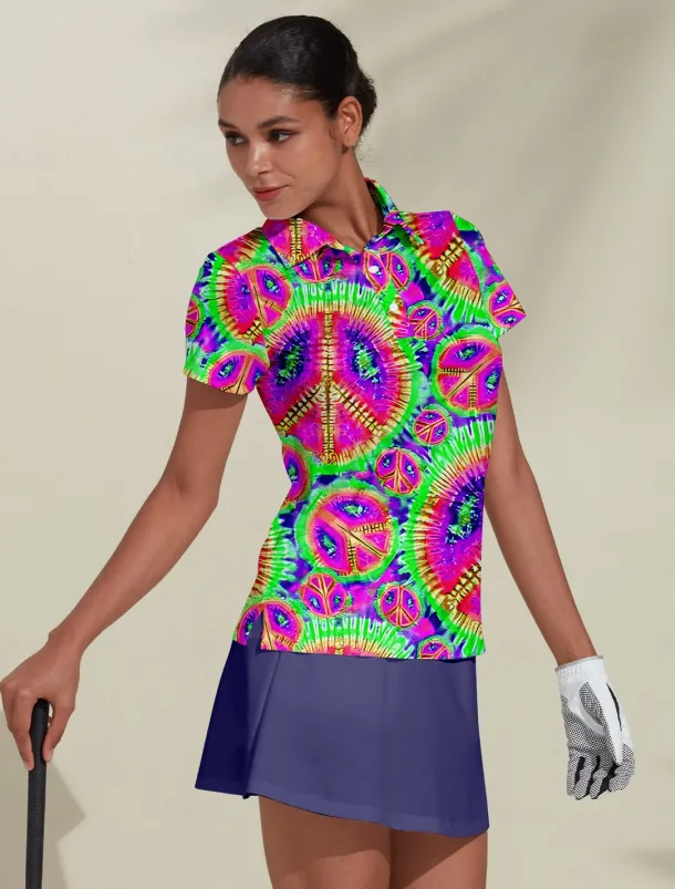 Women's Golf Polo Shirt Tie Dye Pink Short Sleeve Sun Protection UPF50 Top for Ladies Golf Attire