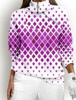 Women's Golf Pullover Sweatshirt Blue Grey Long Sleeve Thermal Warm Top Ladies Golf Attire Clothes Outfits Wear Apparel