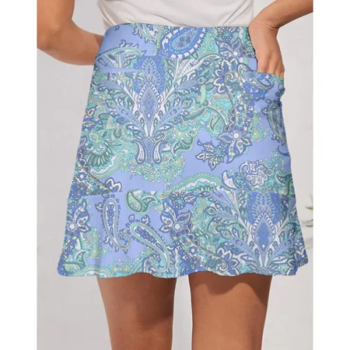 Women's Golf Skirts 17inch Pickleball Light Blue Bottoms Paisley Ladies Golf Attire Clothes Outfits Wear Apparel