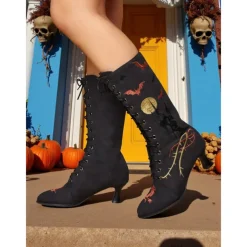 Women's Gothic Halloween Embroidered Lace-Up Boots - Vintage 1900s Style Black Witch Costume Mid-Calf Heels for Cosplay, Parties, and Themed Events