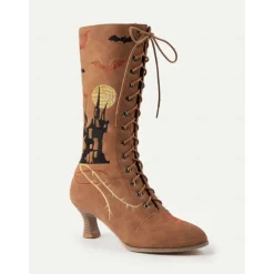 Women's Gothic Halloween Embroidered Lace-Up Boots - Vintage 1900s Style Black Witch Costume Mid-Calf Heels for Cosplay, Parties, and Themed Events