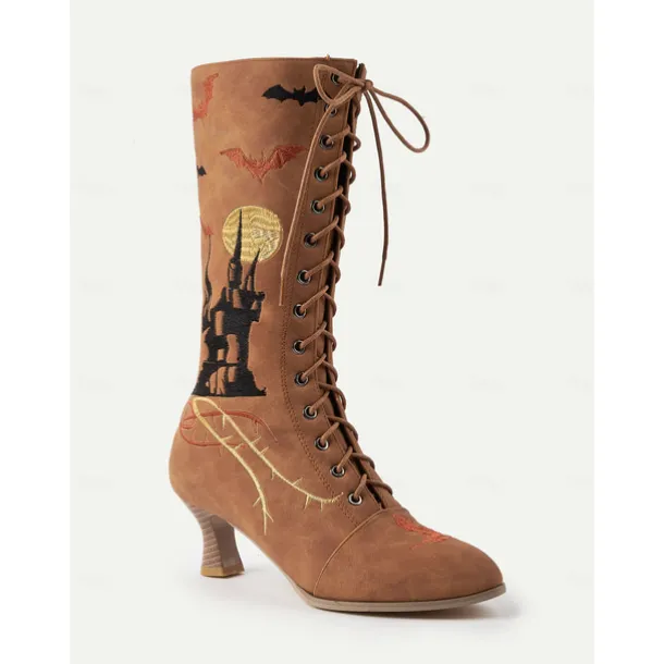 Women's Gothic Halloween Embroidered Lace-Up Boots - Vintage 1900s Style Black Witch Costume Mid-Calf Heels for Cosplay, Parties, and Themed Events