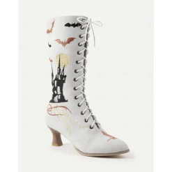 Women's Gothic Halloween Embroidered Lace-Up Boots - Vintage 1900s Style Black Witch Costume Mid-Calf Heels for Cosplay, Parties, and Themed Events