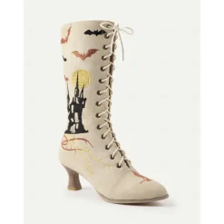 Women's Gothic Halloween Embroidered Lace-Up Boots - Vintage 1900s Style Black Witch Costume Mid-Calf Heels for Cosplay, Parties, and Themed Events