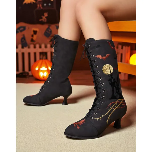 Women's Gothic Halloween Embroidered Lace-Up Boots - Vintage 1900s Style Black Witch Costume Mid-Calf Heels for Cosplay, Parties, and Themed Events