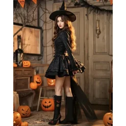 Women's Gothic Halloween Embroidered Lace-Up Boots - Vintage 1900s Style Black Witch Costume Mid-Calf Heels for Cosplay, Parties, and Themed Events