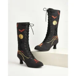 Women's Gothic Halloween Embroidered Lace-Up Boots - Vintage 1900s Style Black Witch Costume Mid-Calf Heels for Cosplay, Parties, and Themed Events