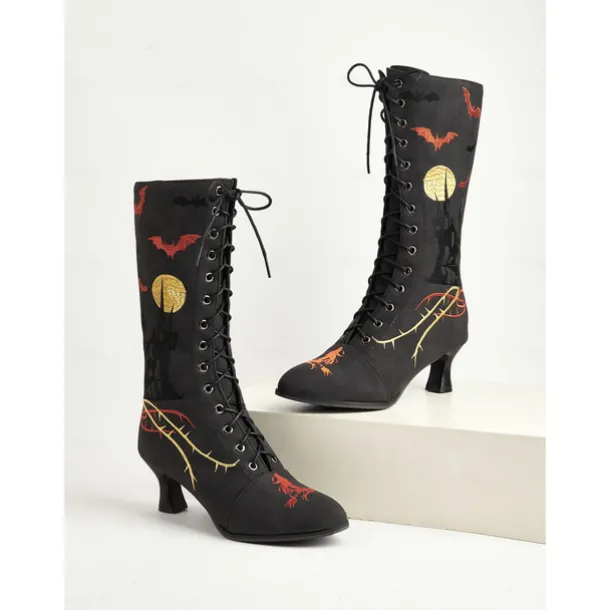 Women's Gothic Halloween Embroidered Lace-Up Boots - Vintage 1900s Style Black Witch Costume Mid-Calf Heels for Cosplay, Parties, and Themed Events