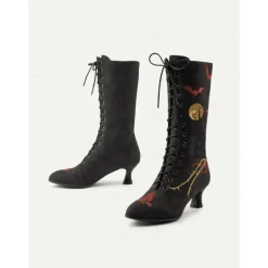 Women's Gothic Halloween Embroidered Lace-Up Boots - Vintage 1900s Style Black Witch Costume Mid-Calf Heels for Cosplay, Parties, and Themed Events
