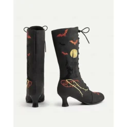Women's Gothic Halloween Embroidered Lace-Up Boots - Vintage 1900s Style Black Witch Costume Mid-Calf Heels for Cosplay, Parties, and Themed Events