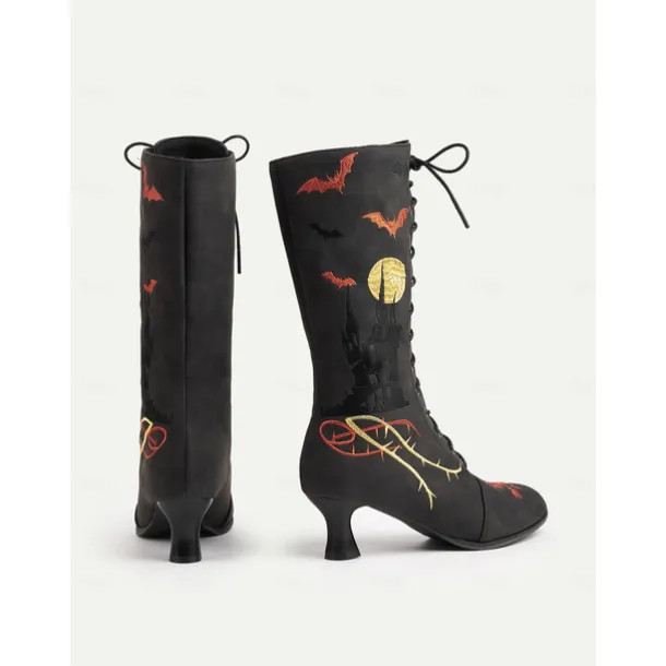 Women's Gothic Halloween Embroidered Lace-Up Boots - Vintage 1900s Style Black Witch Costume Mid-Calf Heels for Cosplay, Parties, and Themed Events