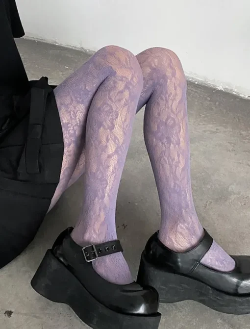 Women's Gothic Lace Patterned Tights - Sheer Fishnet Pantyhose for Cosplay, Party, and Casual Outfits