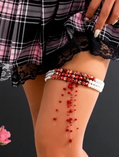 Women's Gothic Pearl and Red Bead Thigh Garter - Sexy Halloween Party Accessory