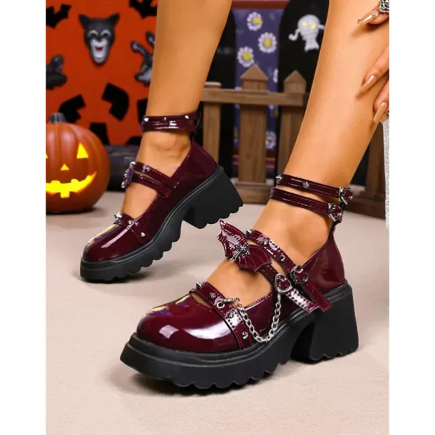 Women's Gothic Platform Mary Jane Shoes - Brown Patent Leather Chunky Heels with Chains and Stud Straps for Halloween,Cosplay,and Punk Rock Outfits