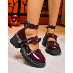 Women's Gothic Platform Mary Jane Shoes - Brown Patent Leather Chunky Heels with Chains and Stud Straps for Halloween,Cosplay,and Punk Rock Outfits