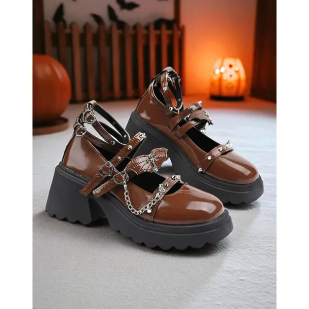 Women's Gothic Platform Mary Jane Shoes - Brown Patent Leather Chunky Heels with Chains and Stud Straps for Halloween,Cosplay,and Punk Rock Outfits