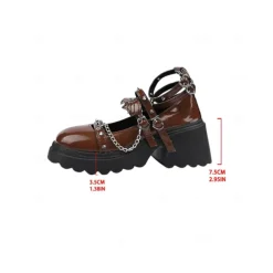 Women's Gothic Platform Mary Jane Shoes - Brown Patent Leather Chunky Heels with Chains and Stud Straps for Halloween,Cosplay,and Punk Rock Outfits