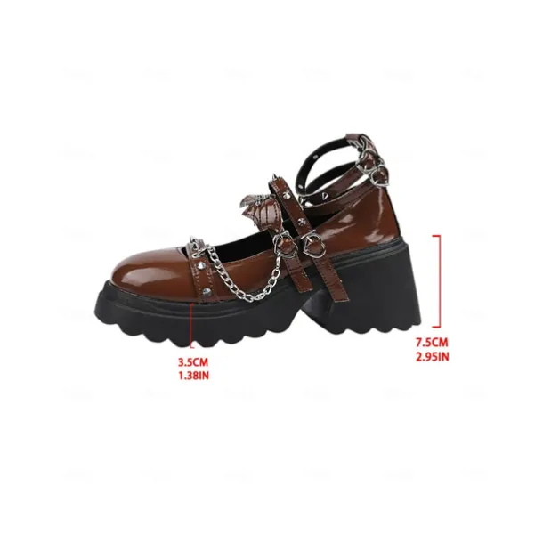 Women's Gothic Platform Mary Jane Shoes - Brown Patent Leather Chunky Heels with Chains and Stud Straps for Halloween,Cosplay,and Punk Rock Outfits