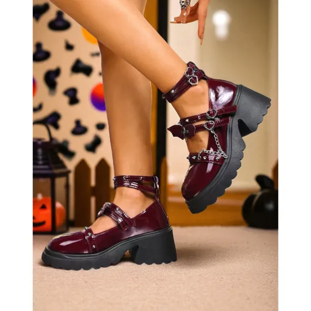 Women's Gothic Platform Mary Jane Shoes - Brown Patent Leather Chunky Heels with Chains and Stud Straps for Halloween,Cosplay,and Punk Rock Outfits