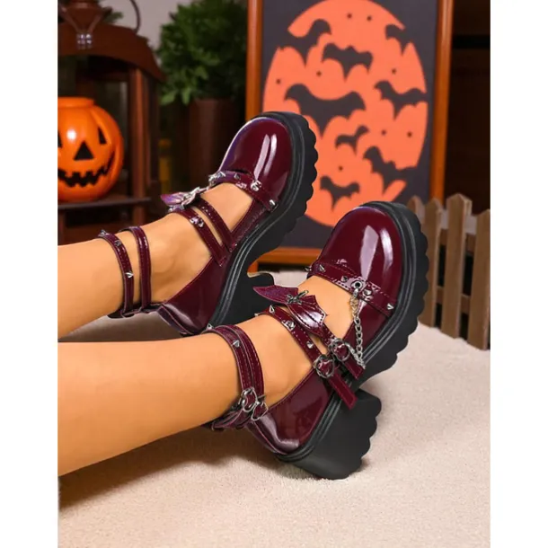 Women's Gothic Platform Mary Jane Shoes - Brown Patent Leather Chunky Heels with Chains and Stud Straps for Halloween,Cosplay,and Punk Rock Outfits