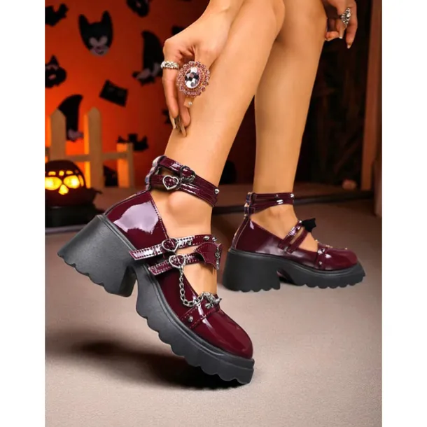Women's Gothic Platform Mary Jane Shoes - Brown Patent Leather Chunky Heels with Chains and Stud Straps for Halloween,Cosplay,and Punk Rock Outfits