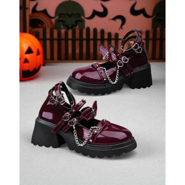 Women's Gothic Platform Mary Jane Shoes - Brown Patent Leather Chunky Heels with Chains and Stud Straps for Halloween,Cosplay,and Punk Rock Outfits