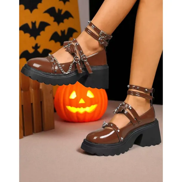 Women's Gothic Platform Mary Jane Shoes - Brown Patent Leather Chunky Heels with Chains and Stud Straps for Halloween,Cosplay,and Punk Rock Outfits