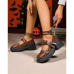 Women's Gothic Platform Mary Jane Shoes - Brown Patent Leather Chunky Heels with Chains and Stud Straps for Halloween,Cosplay,and Punk Rock Outfits