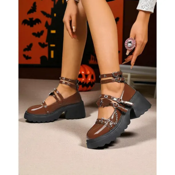 Women's Gothic Platform Mary Jane Shoes - Brown Patent Leather Chunky Heels with Chains and Stud Straps for Halloween,Cosplay,and Punk Rock Outfits