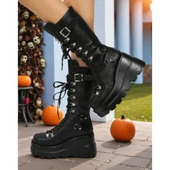 Women's Gothic Punk Platform Knee-High Boots - Black Lace-Up Combat Boots with Buckle and Studded Details for Halloween, Cosplay, and Night Out