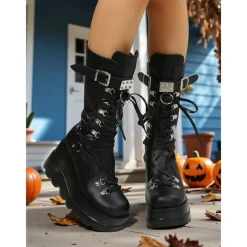 Women's Gothic Punk Platform Knee-High Boots - Black Lace-Up Combat Boots with Buckle and Studded Details for Halloween, Cosplay, and Night Out