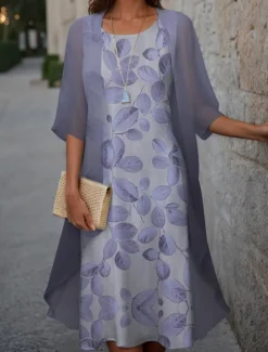 Women's Graduation Dress Midi Dress Two Piece Dress Set Wedding Guest Cocktail Dress Floral Chiffon Casual Fashion Elegant Modern Print Spring Crew Neck Half Sleeve Loose Fit Pink Blue Purple