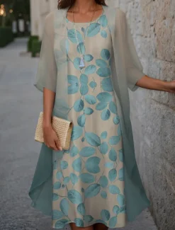 Women's Graduation Dress Midi Dress Two Piece Dress Set Wedding Guest Cocktail Dress Floral Chiffon Casual Fashion Elegant Modern Print Spring Crew Neck Half Sleeve Loose Fit Pink Blue Purple